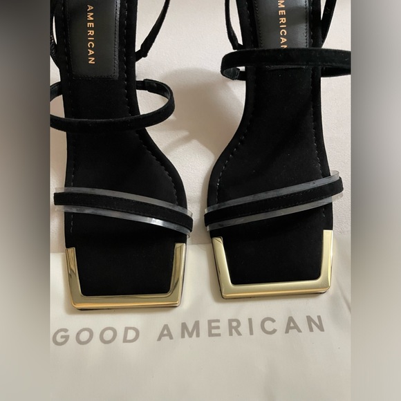 NIB Good American The Standout Square Toe Sandal Heels in Black Suede Size 9 - Picture 10 of 14